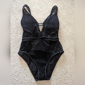 Becca show and tell plunge black crochet swimsuit